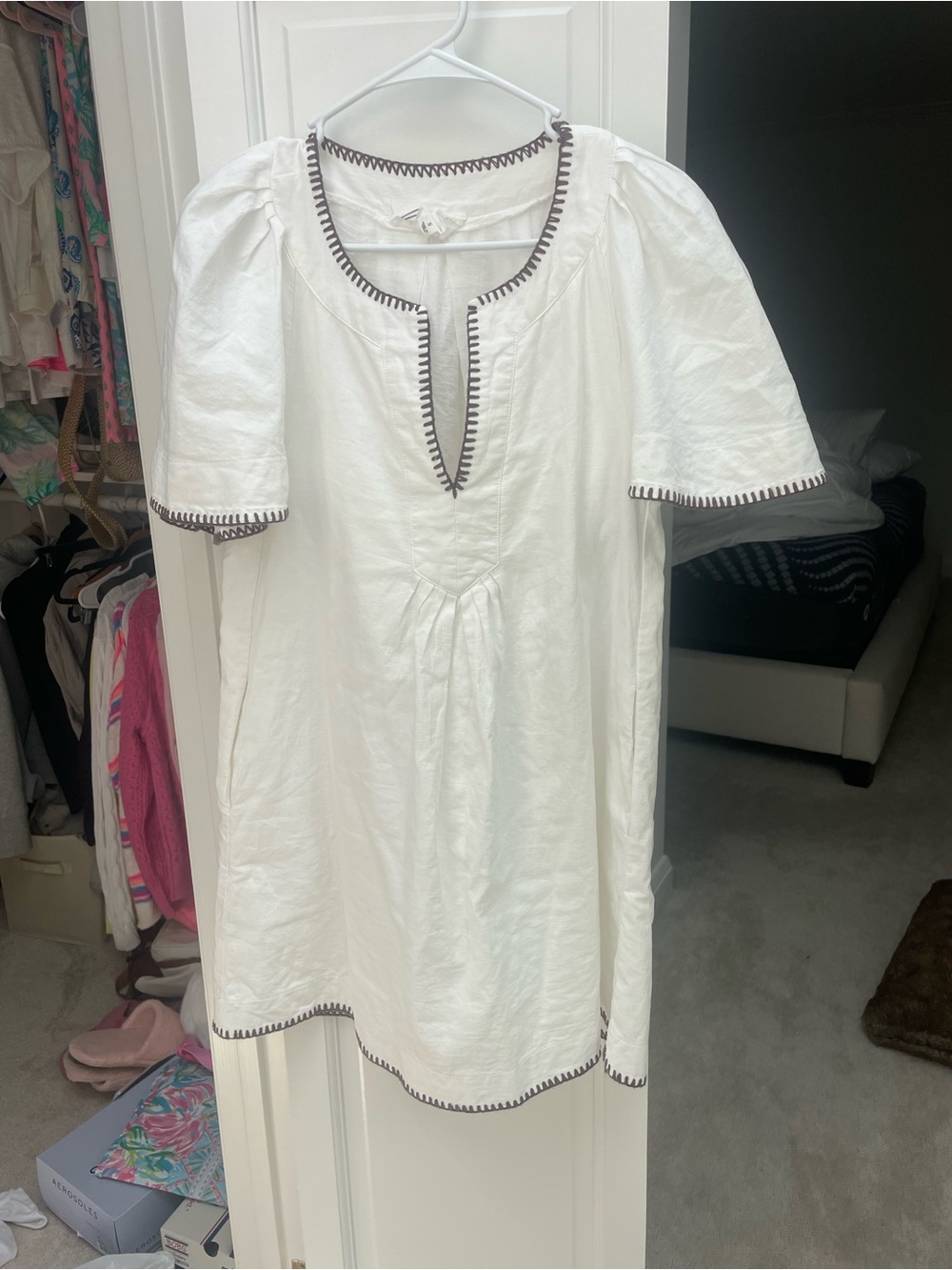 Pomander Place White Tunic Dress with Dark Brown Whipstitch Trim